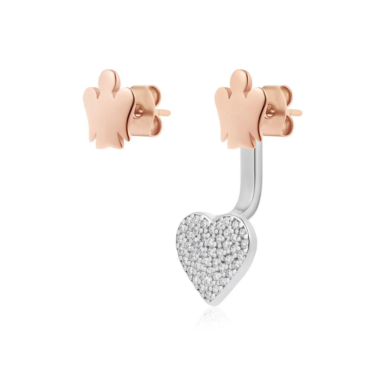 Orecchini con cuore pavé e angelo in argento rosato - GIA441